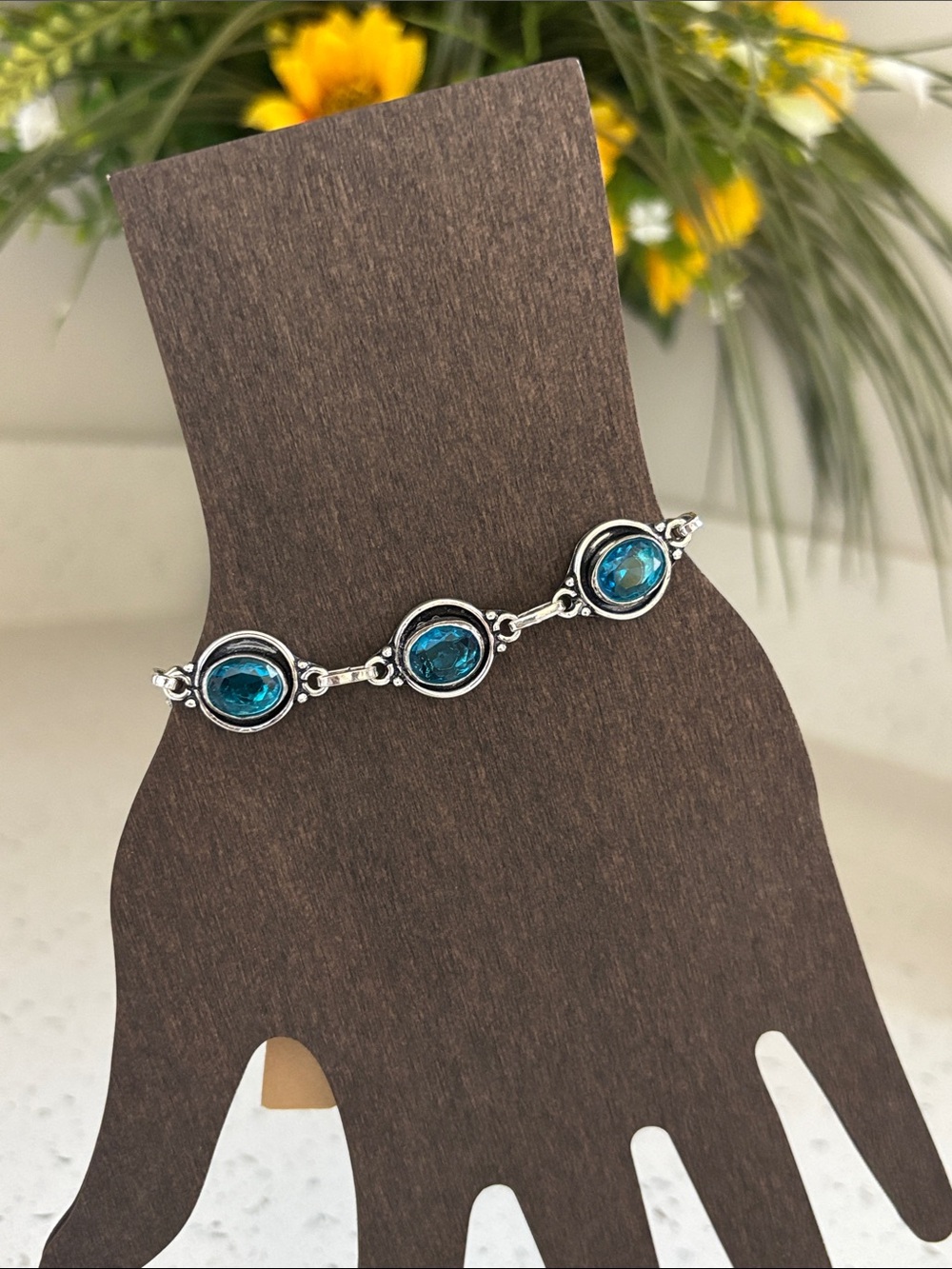 Silver Blue Topaz Gemstone Link Bracelet